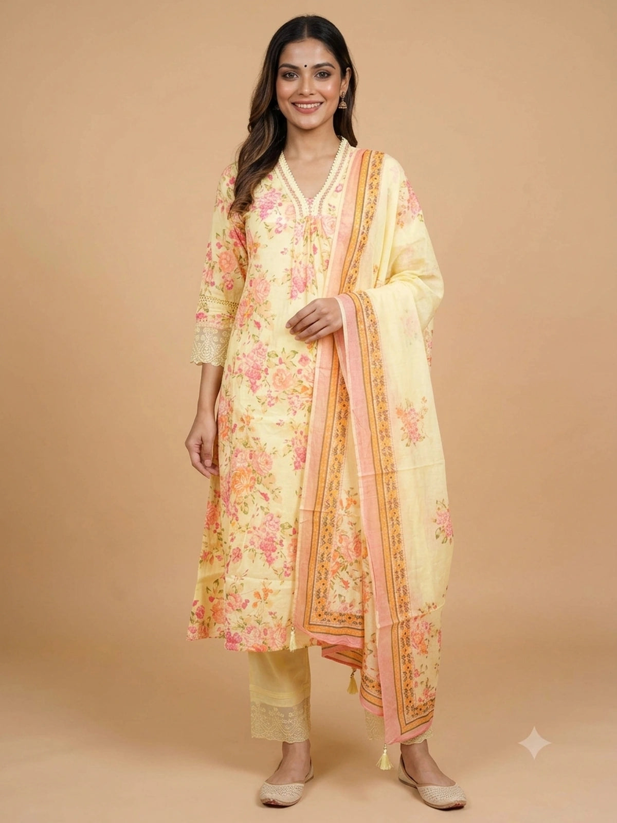 Yellow floral cotton Anarkali kurti set with beaded V-neck, lace cuffs, straight pants, and pink-bordered dupatta