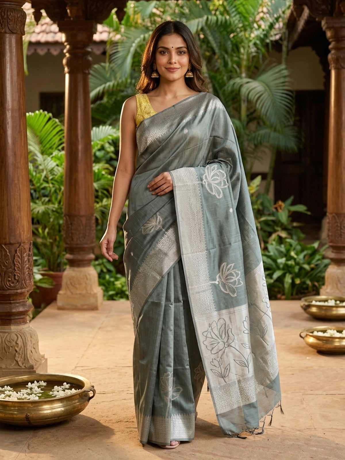 Sage grey semi tussar saree with silver zari floral pallu and border