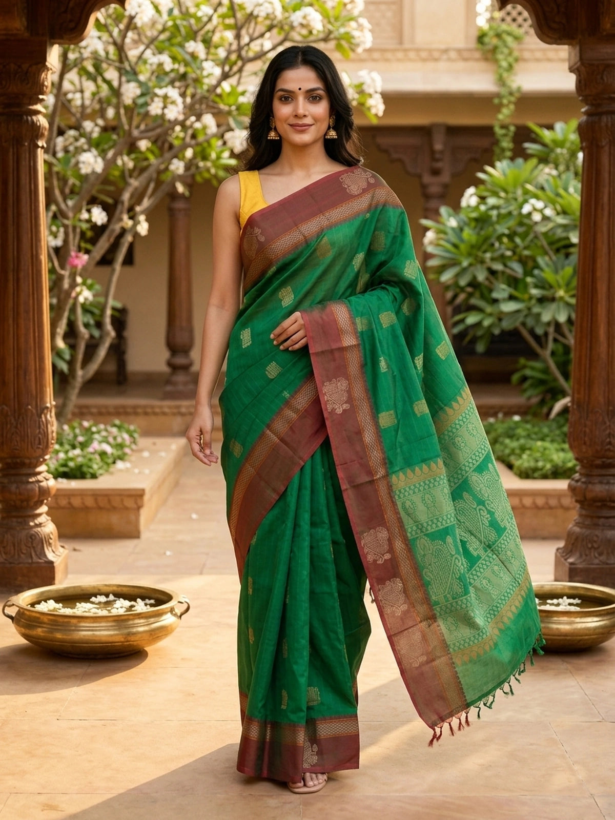 Green and Maroon Nagamam Cotton saree