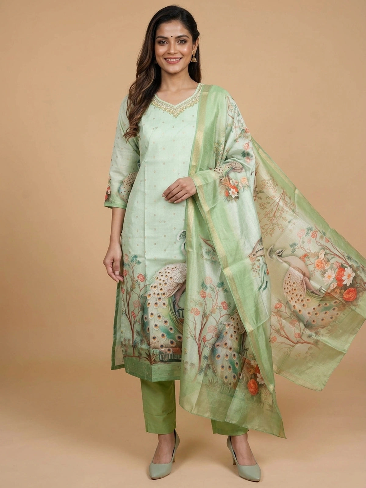 Pista green peacock print Chanderi silk straight cut kurti set with embellished neckline and printed dupatta