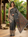 Charcoal Grey and Multicolour Floral Linen Cotton Saree
