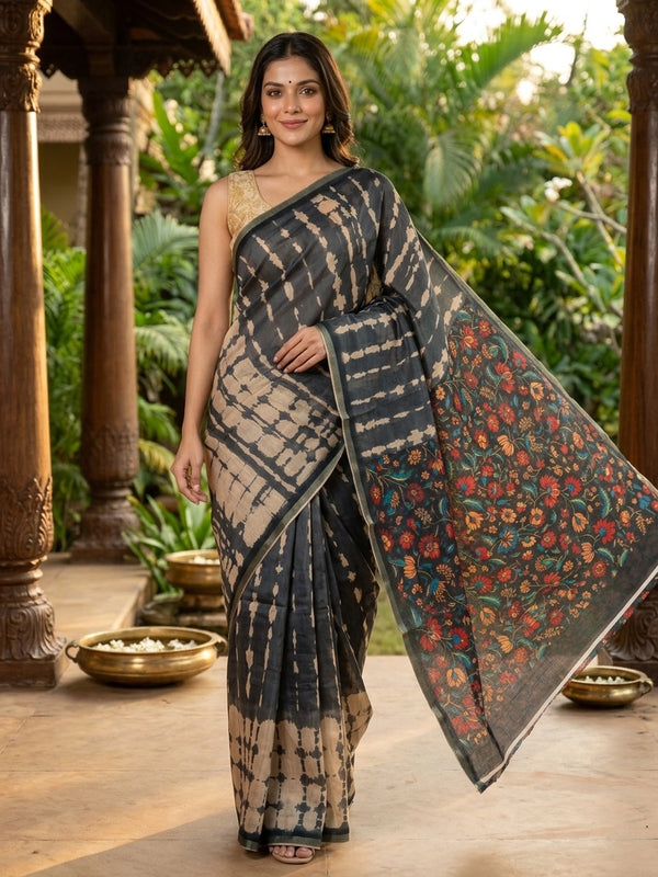 Charcoal grey shibori linen cotton saree with colourful floral pallu and green border