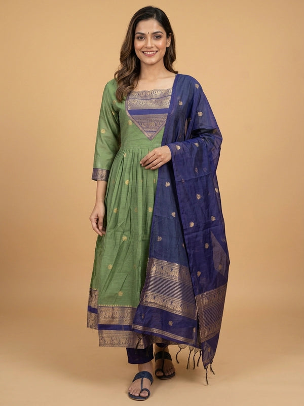 Green cotton silk Anarkali kurti set with navy zari woven yoke, elephant-motif border, and contrast navy dupatta