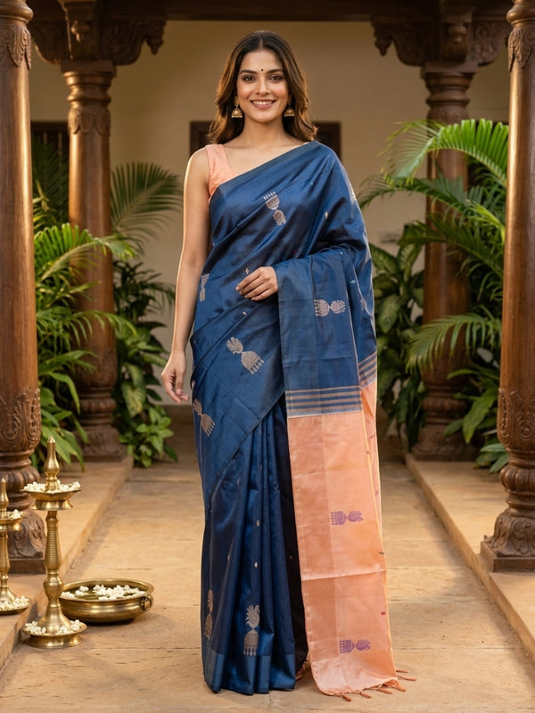 Navy blue banana silk saree with contrast peach pallu, peacock motifs and gold zari border