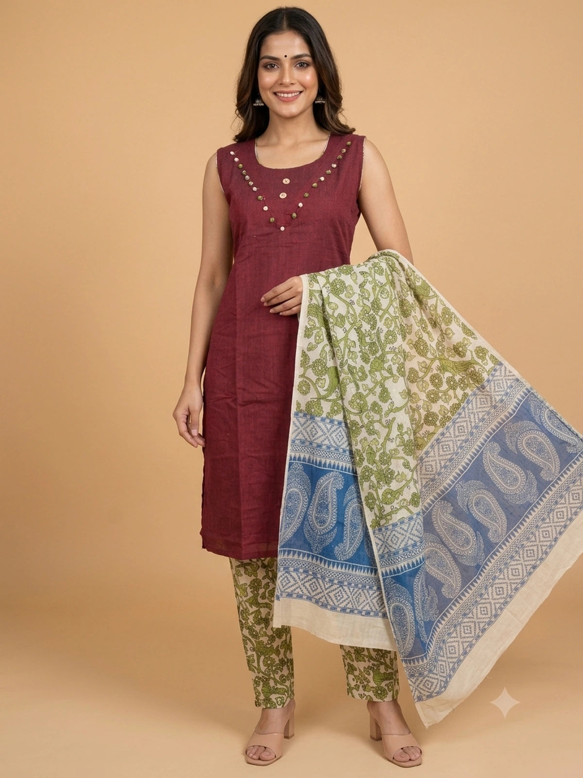 Maroon cotton straight cut kurti set with pom-pom neckline, green kalamkari printed pants and contrast kalamkari dupatta