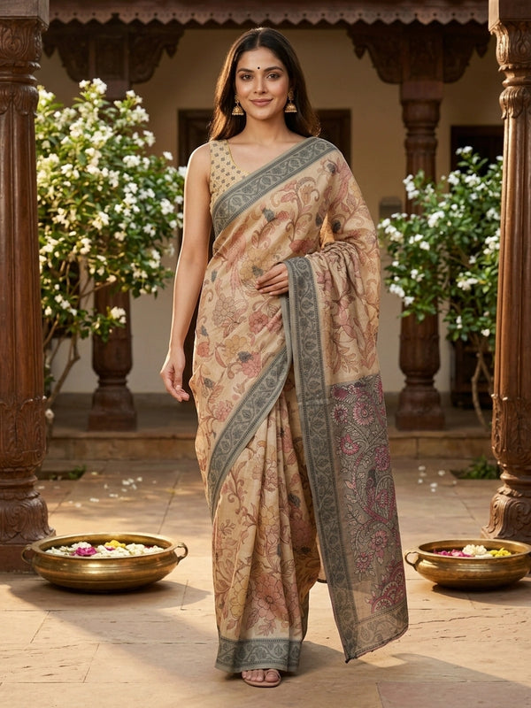Beige linen cotton saree with Kalamkari floral print, parrot motifs and grey elephant pallu