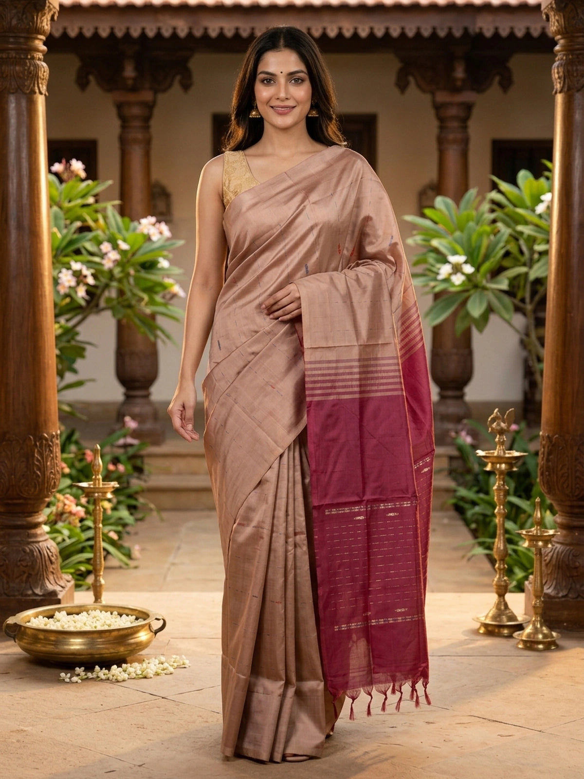 Beige banana silk saree with contrast maroon zari pallu and border