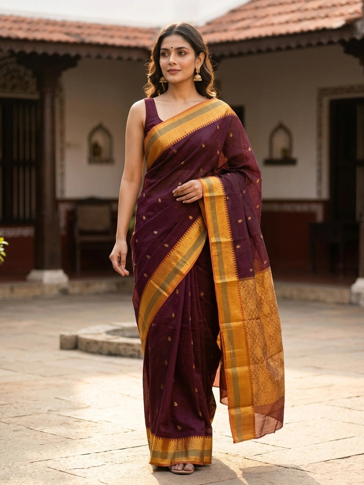 Wine Maroon and Mustard Chettinad Cotton Saree