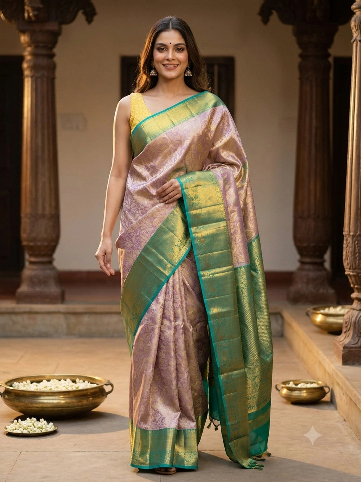 Lavender pure Kanchipuram silk saree with gold zari floral brocade and contrast teal-green gold border