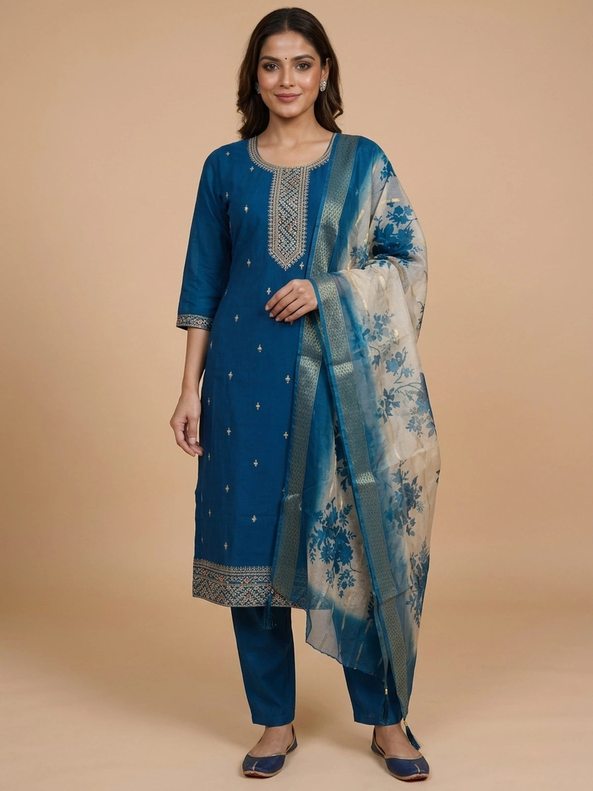 Teal Blue art silk straight cut kurti set with zari embroidery and cream floral dupatta