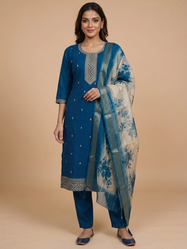 Teal Blue art silk straight cut kurti set with zari embroidery and cream floral dupatta