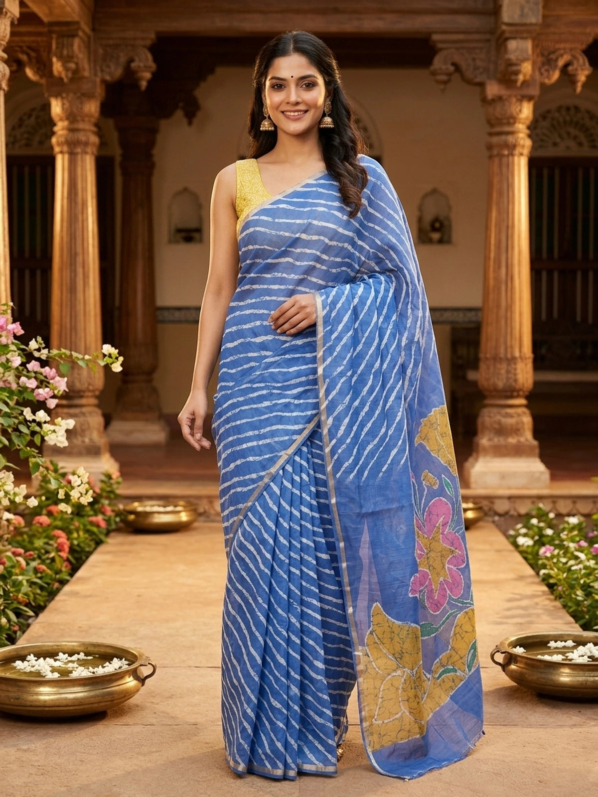 Blue and White Linen Cotton Saree