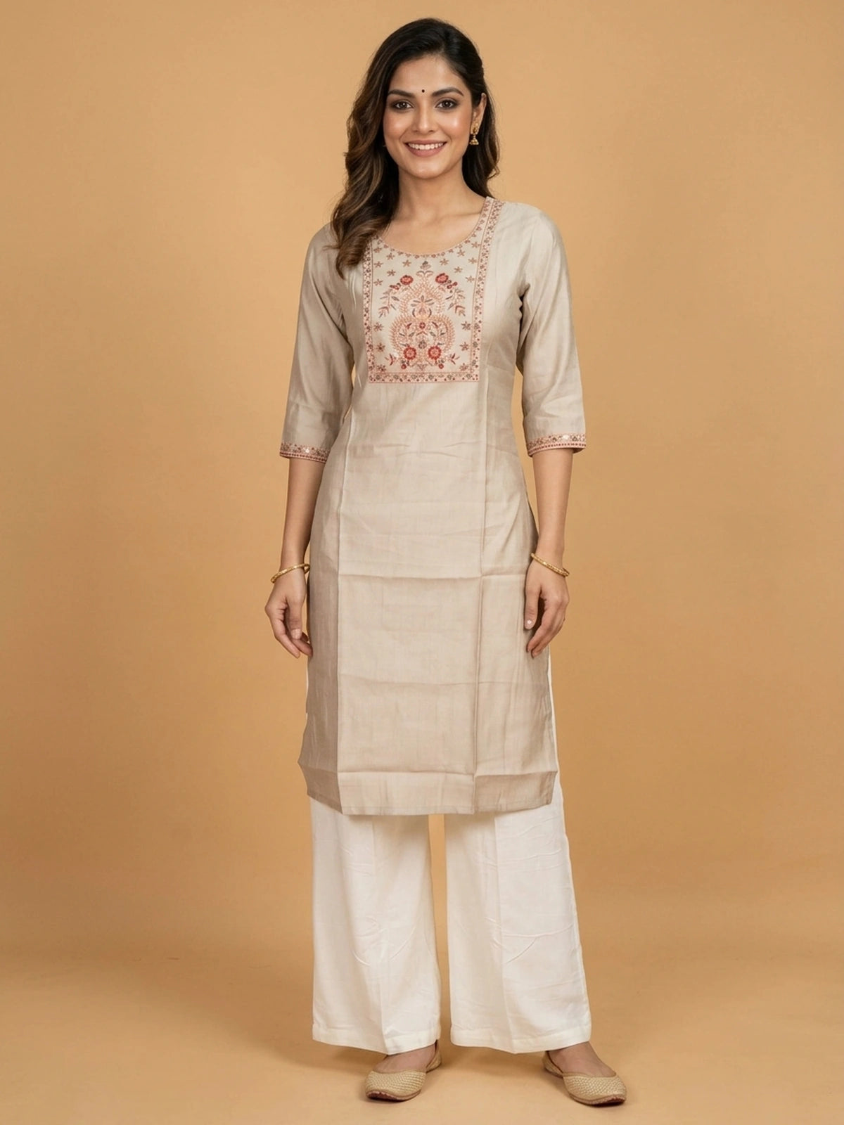 Beige floral embroidered cotton straight cut kurti top with sequin yoke