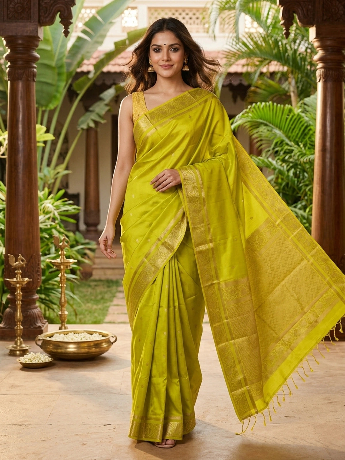 Lime green soft silk saree with broad gold zari border and ornate zari pallu