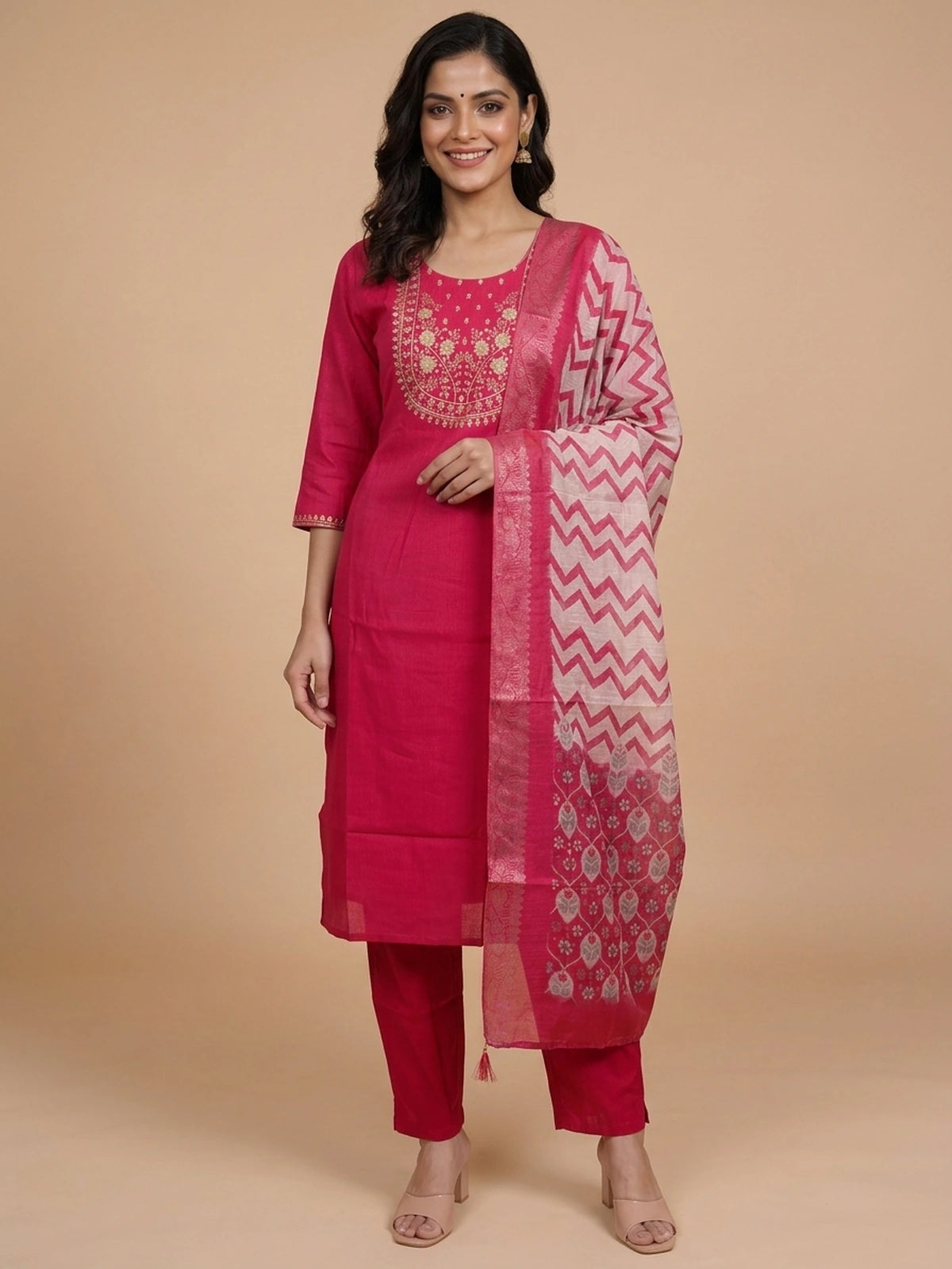 Rani Pink zari embroidered straight cut kurti set with pants and woven dupatta