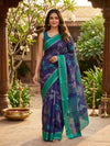 Navy Blue and Teal Green Dola Silk Saree