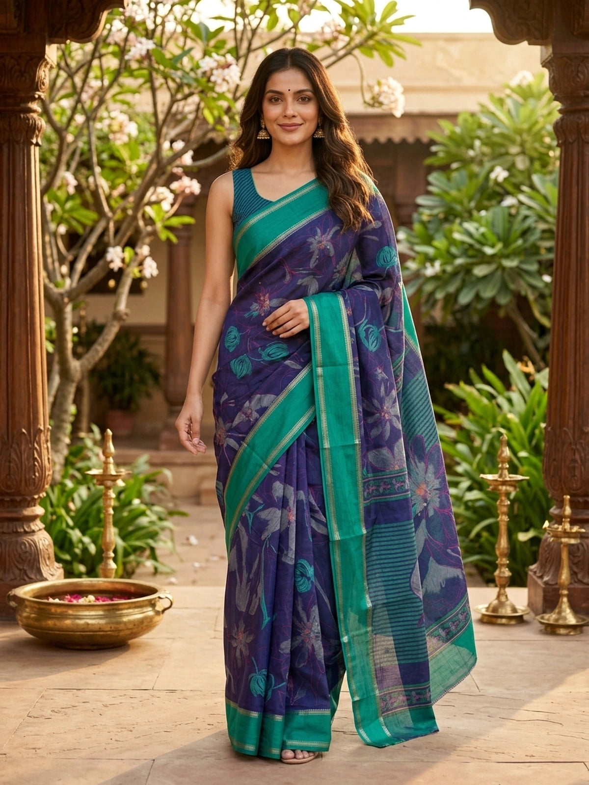 Navy Blue and Teal Green Dola Silk Saree
