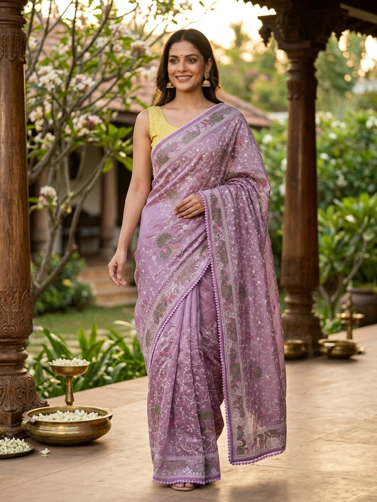 Lavender and White Designer Embroidery Work Art Silk Saree