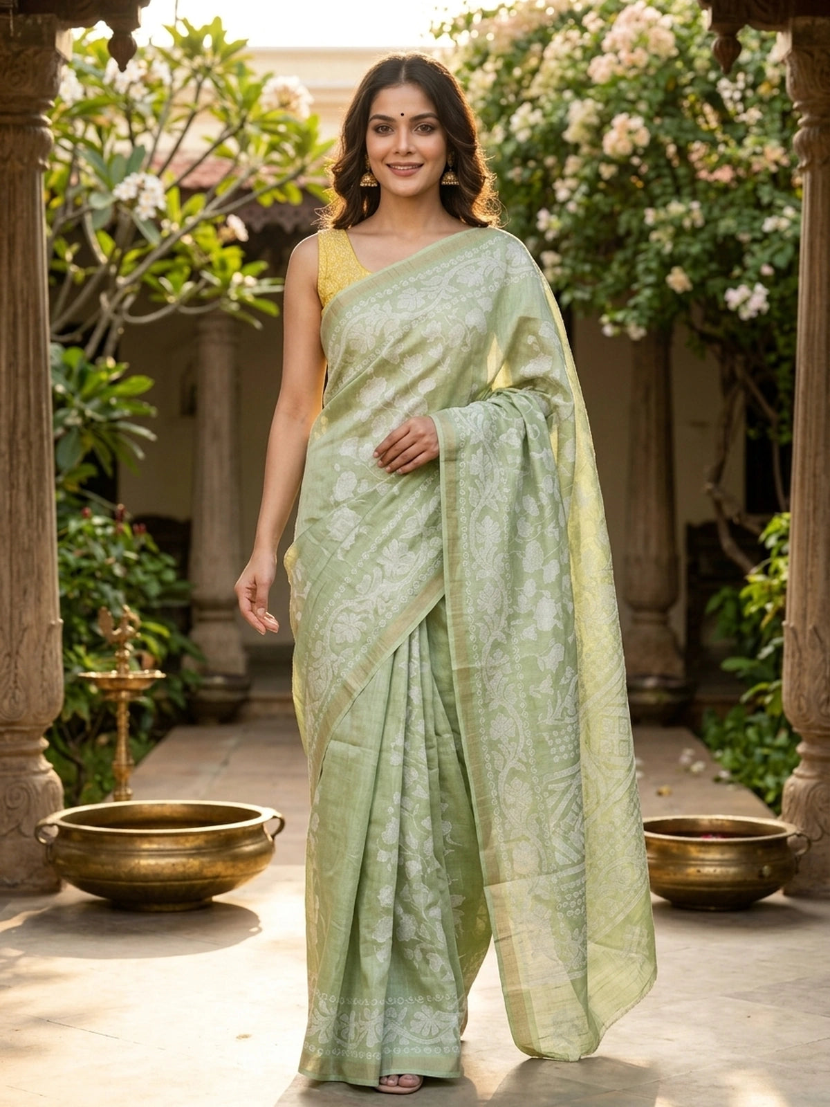 Sage green and white floral Dola silk saree with woven motifs and zari border