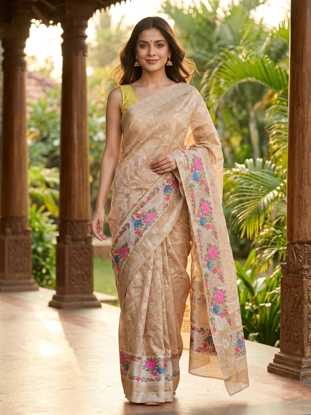 Beige and Gold Designer Embroidery Work Tissue Saree