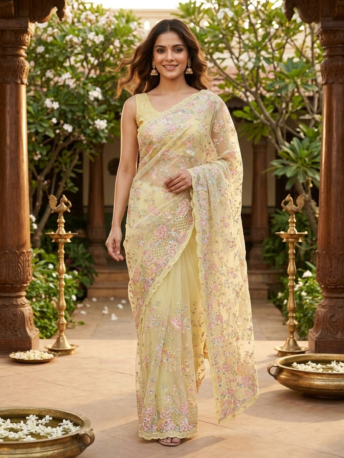 Lemon yellow net designer saree with pastel multicolour floral embroidery and scalloped border