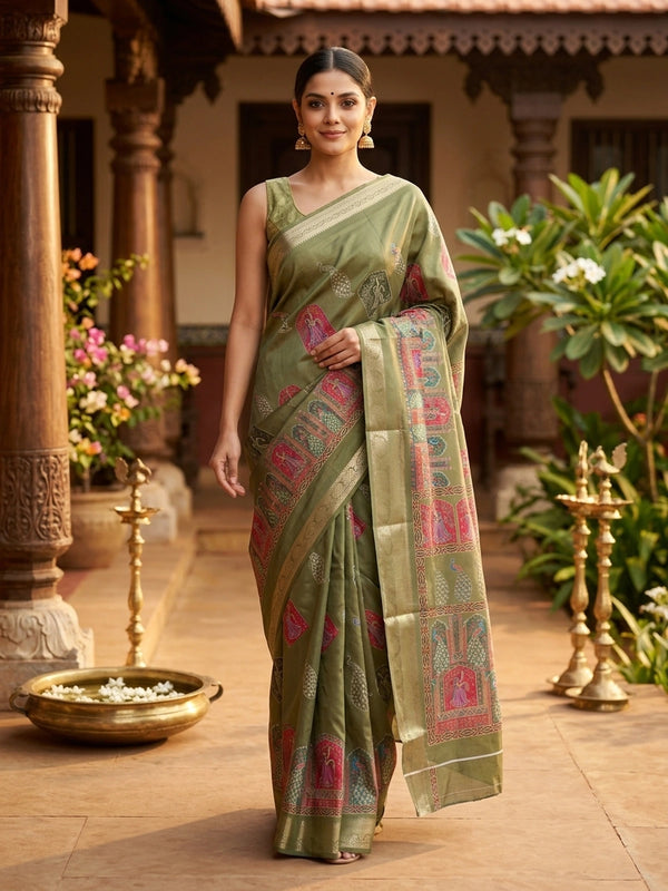 Olive green Dola silk saree with multicolour dancing lady and peacock prints and gold zari border