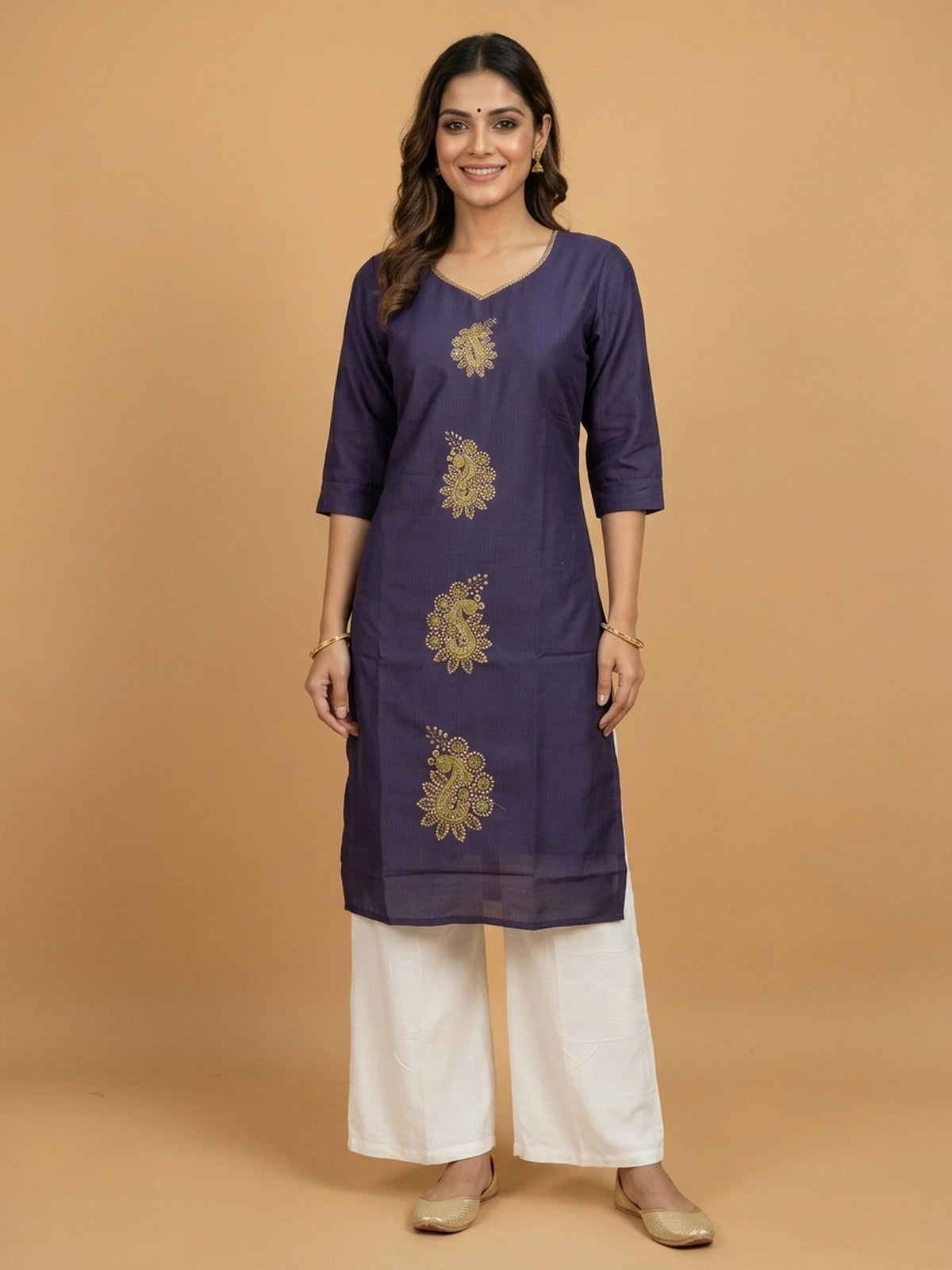 Purple paisley embroidered cotton straight cut kurti top with gold and green zari work