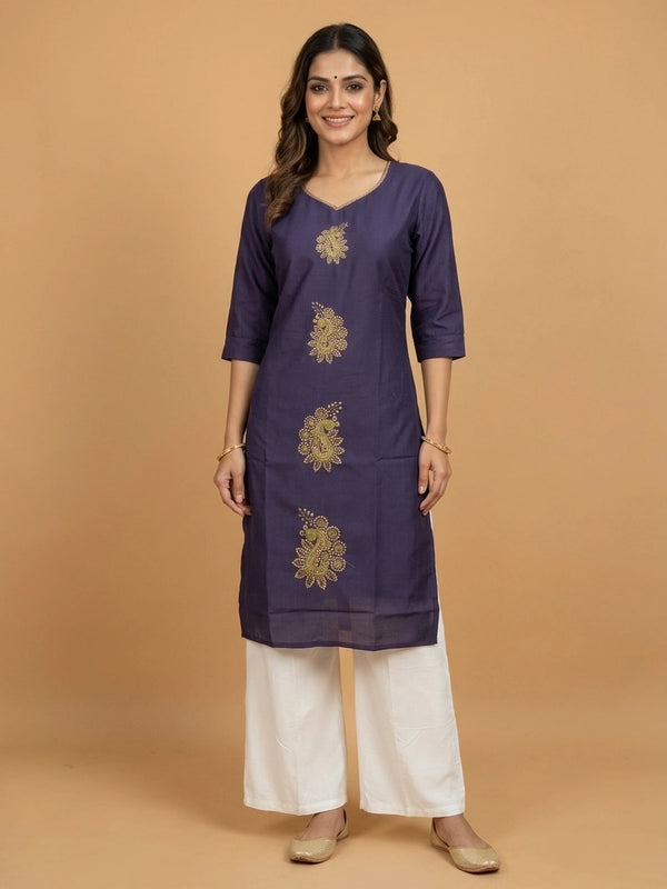 Purple paisley embroidered cotton straight cut kurti top with gold and green zari work
