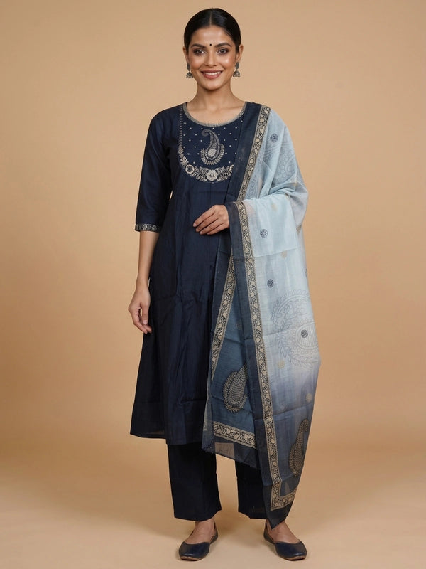 Navy Blue Zari embroidered cotton A-Line kurti set with grey printed dupatta and straight pants