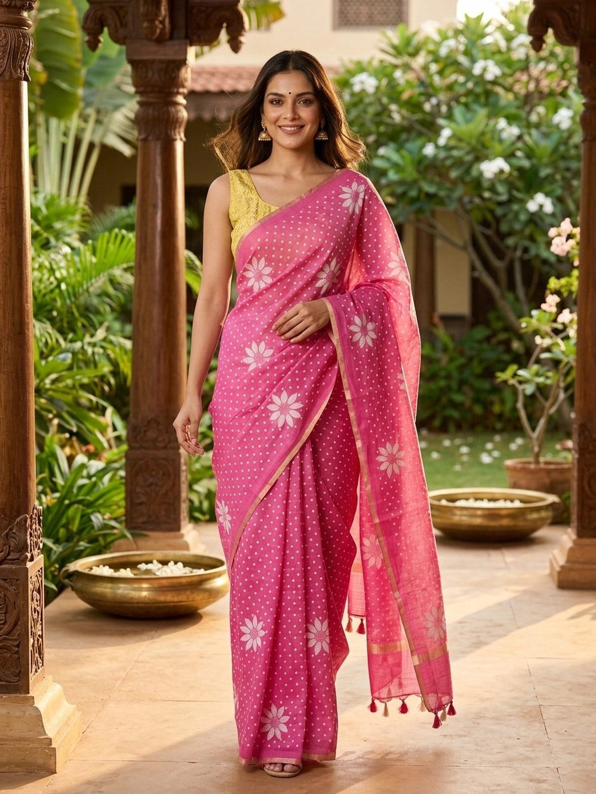 Pink linen cotton saree with white polka dots, floral motifs and a gold zari border