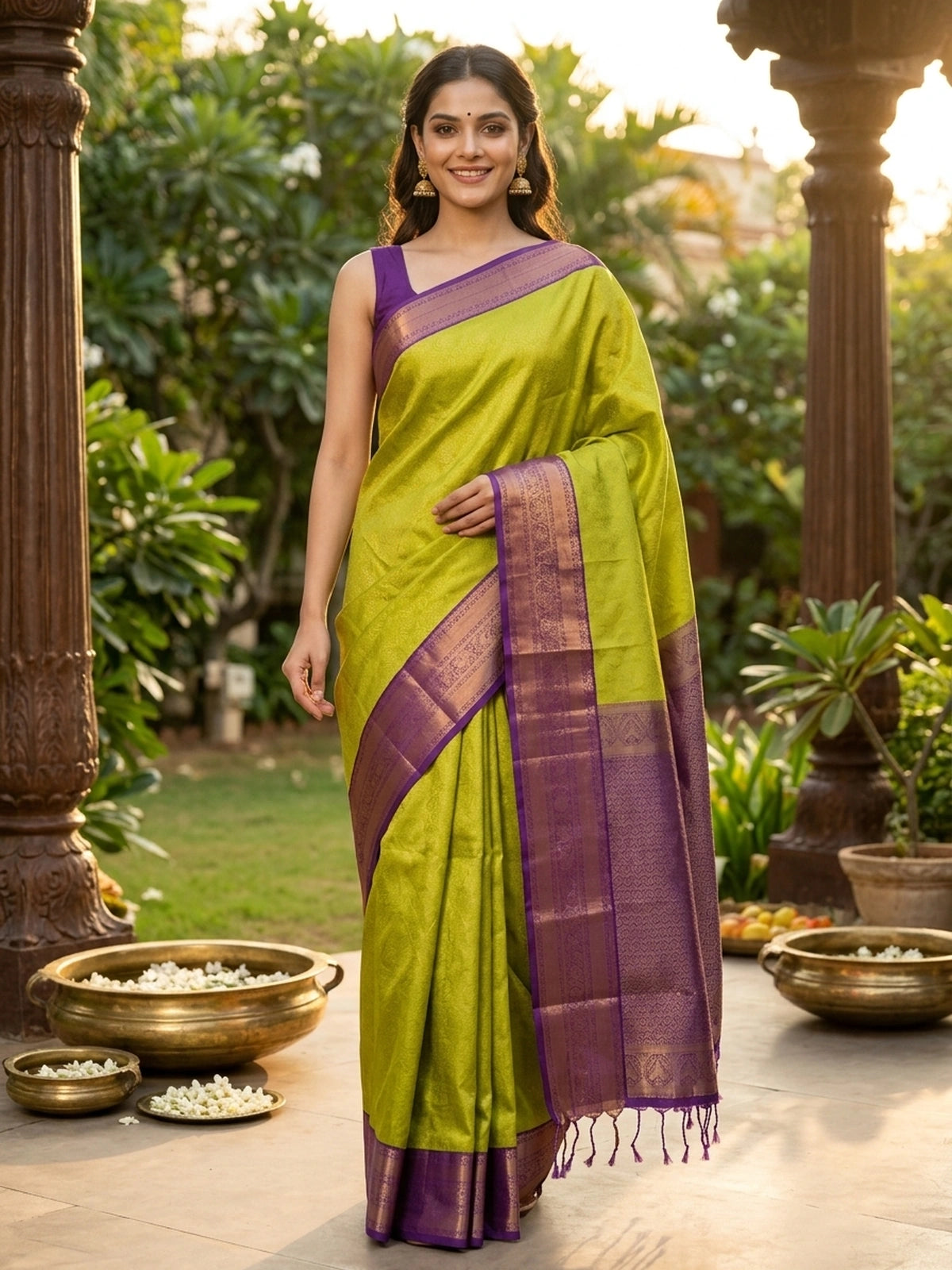 Lime green Kanchipuram Fancy Silk saree with contrast purple gold zari border and pallu
