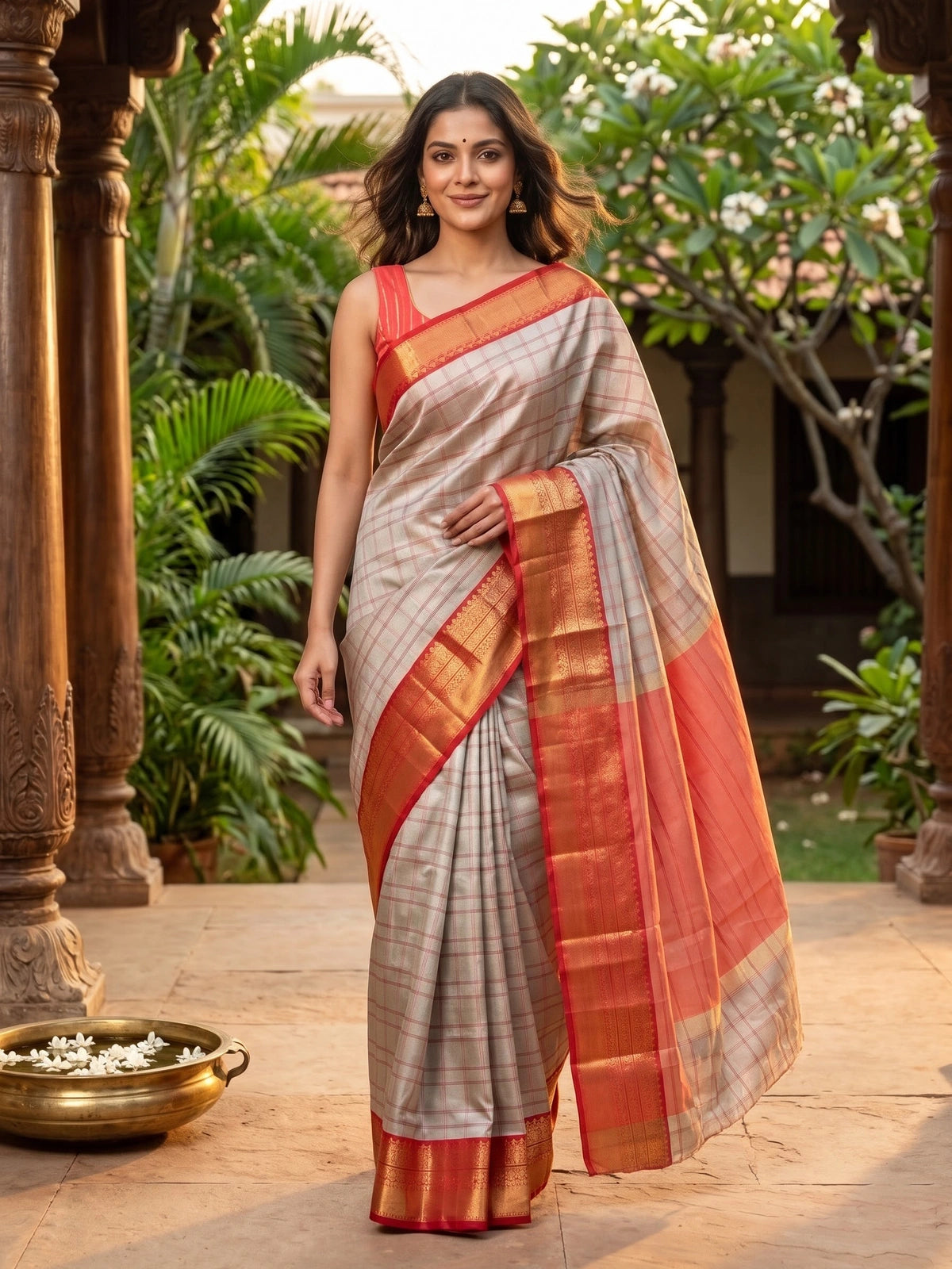 Grey and Red Kanchi Semi Silk Saree