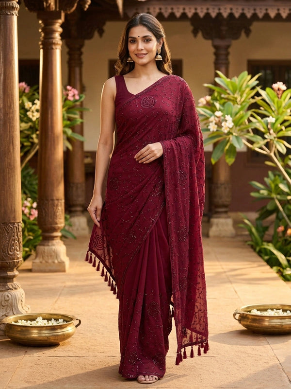 Wine maroon designer georgette saree with tonal floral rose stone work and tasselled pallu