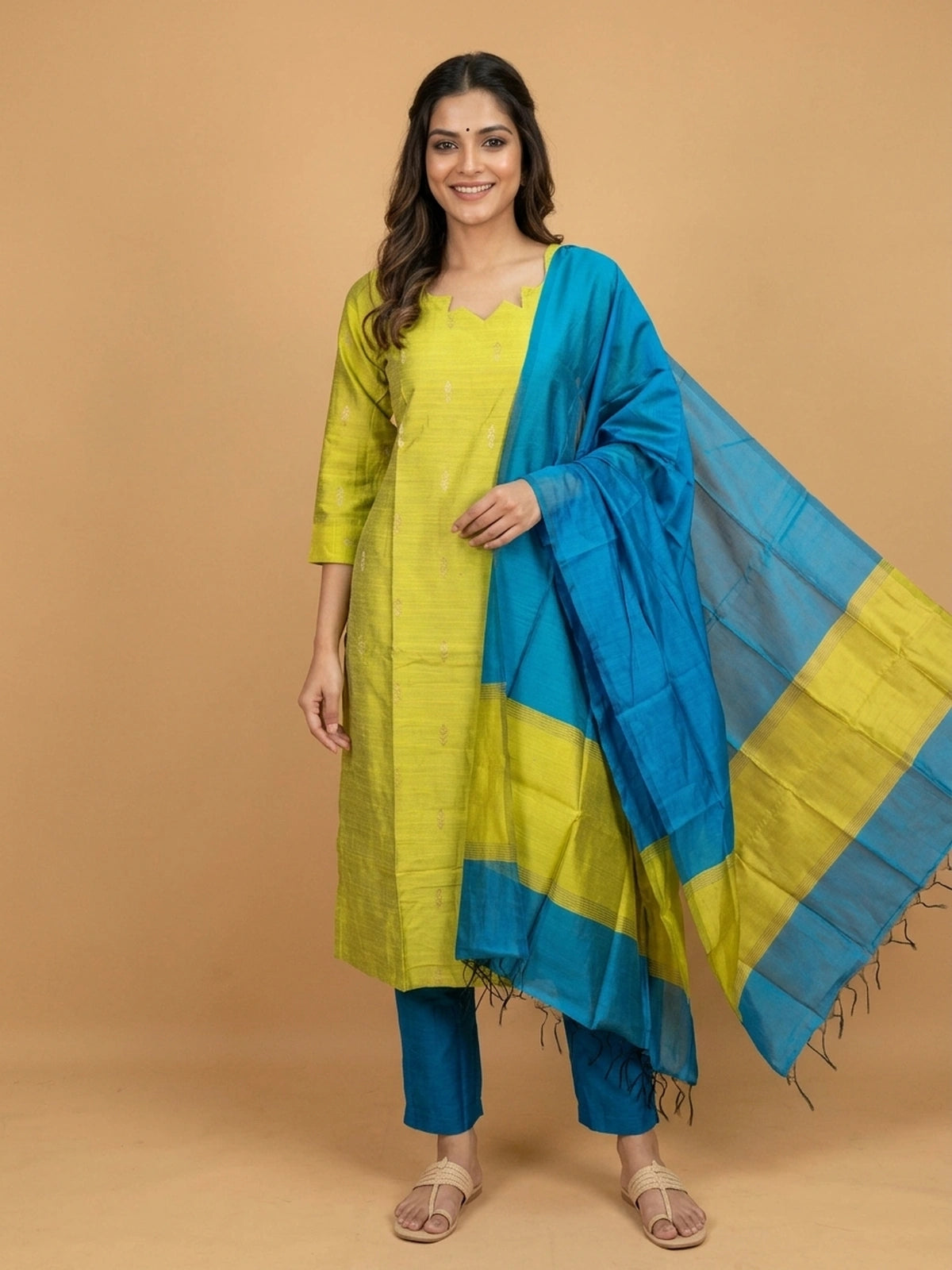 Lime green silk blend straight cut kurti set with zari butis and teal blue dupatta
