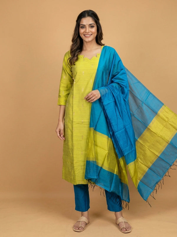 Lime green silk blend straight cut kurti set with zari butis and teal blue dupatta