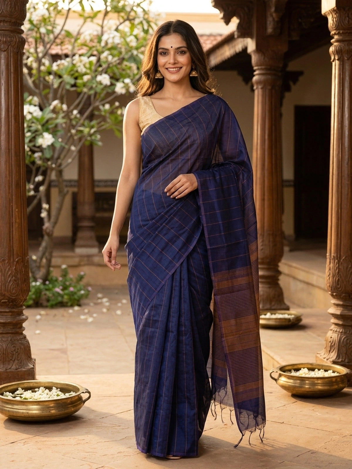 Navy Blue and Copper Silk Cotton Saree