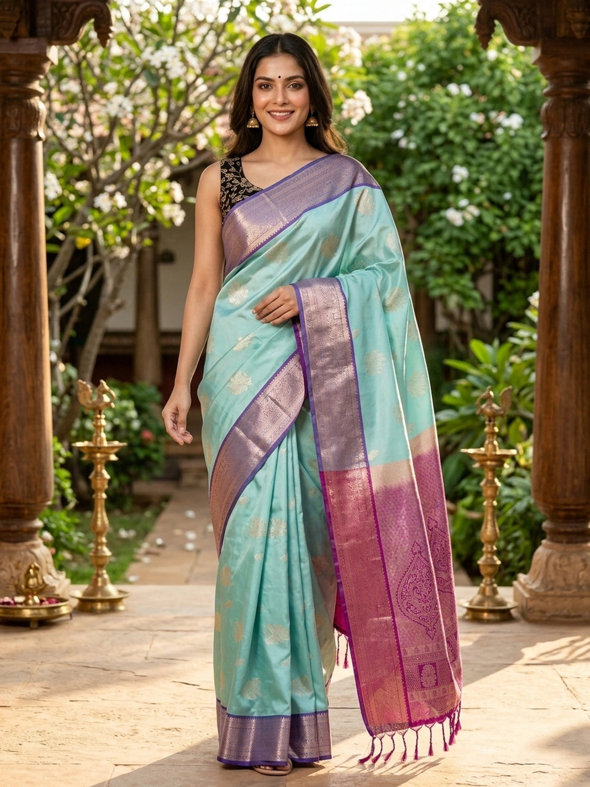 Turquoise and purple semi silk saree with silver zari border and paisley pallu