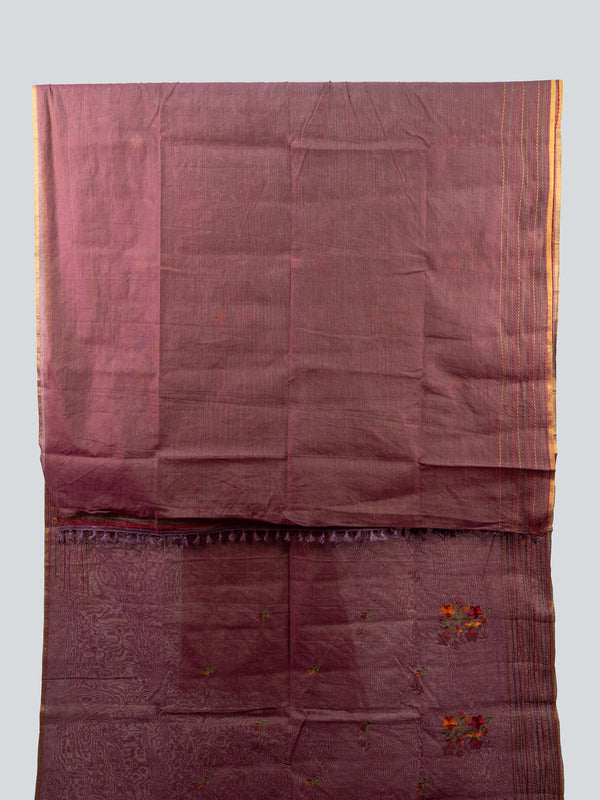 Mauve linen cotton saree with floral thread embroidery, gold zari kantha-stitch border and contrast black blouse