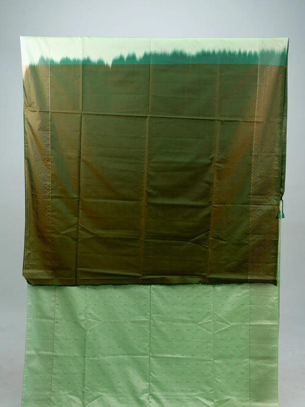 Pastel green Vaira Oosi Design semi silk saree with gold zari butis and contrast dark green zari border