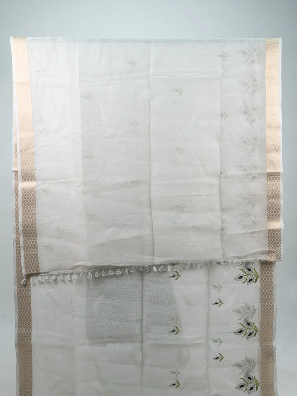 White linen cotton saree with gold zari border, embroidered leaf buttas and contrast black blouse