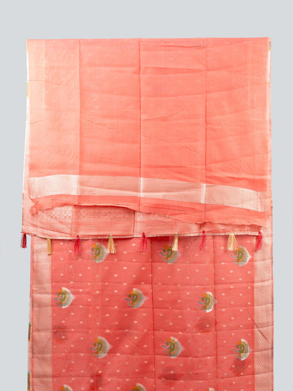 Peach linen cotton saree with silver zari border, peacock motifs and floral zari pallu