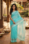 Turquoise and Silver Linen Cotton Saree