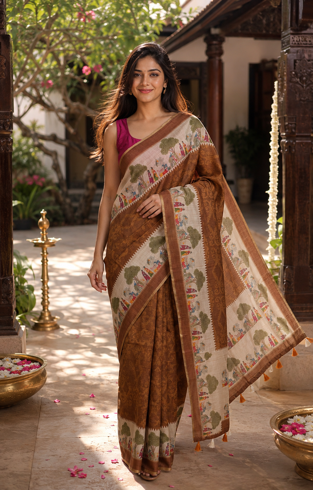 Brown and Cream Linen Cotton Saree