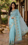 Sky Blue and Gold Linen Cotton Saree