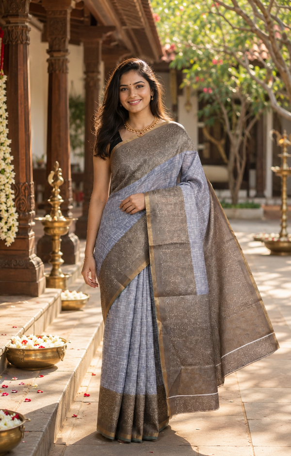 Ice Blue with Muted Bronze - Linen Cotton Saree