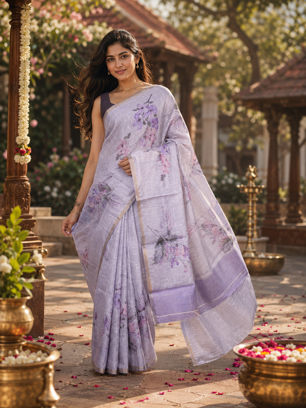 Lavender with Pastel Purple - Linen Cotton Saree
