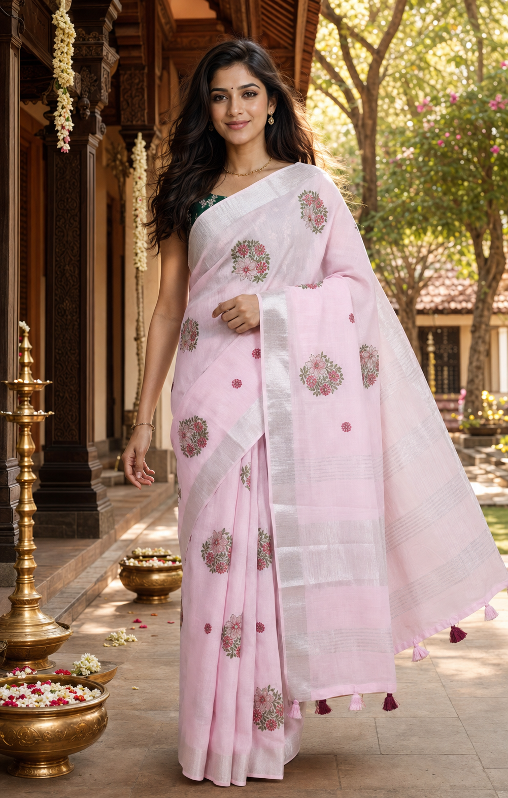 Baby Pink with Silver - Linen Cotton Saree