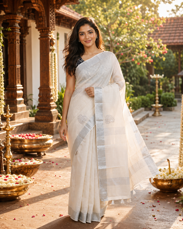 Off-White with Silver - Linen Cotton Saree