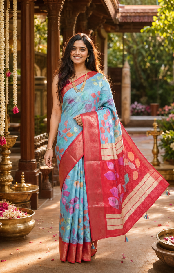 Sky Blue with Crimson Red - Semi Raw Silk Saree