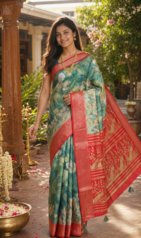 Green with Red - Semi Raw Silk Saree